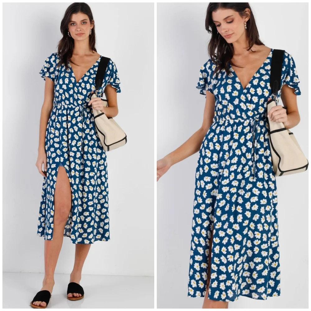 LAST ONE❗️SUGAR+LIPS Boho Chic Feminine Dark Teal Floral Midi Dress - Picture 1 of 4